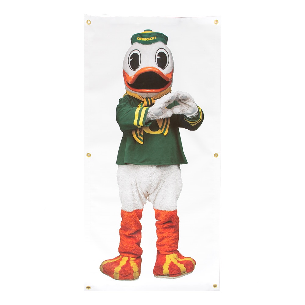 Classic Oregon O, Logo Brand, White, Banners, Gifts, 24"x48", Vinyl, Mascot throwing O, 1010608
